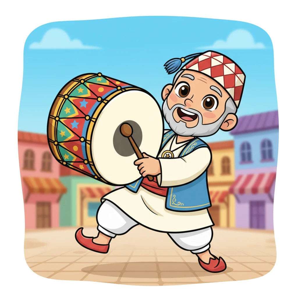 يلتقط عمو كريم طبله الكبير الملون، الذي يحبه كثيرًا. الطبل مزين برسومات جميلة وألوان زاهية تجعله يبدو سعيدًا ومرحًا. هو جاهز ليبدأ جولته.