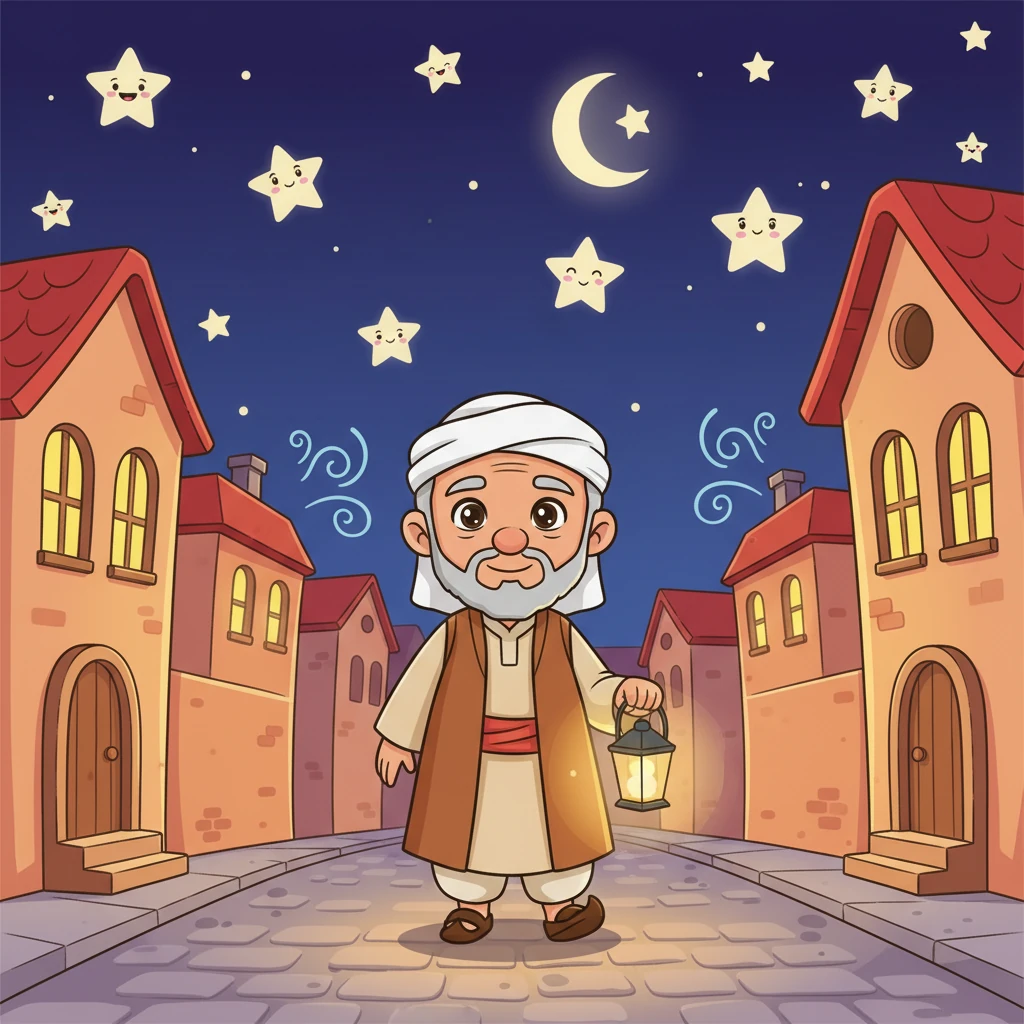 يسير عمو كريم في الشارع الهادئ، والجميع نائمون في بيوتهم الدافئة. النجوم تضيء طريقه، والهواء منعش ولطيف. كل شيء ساكن ومريح.