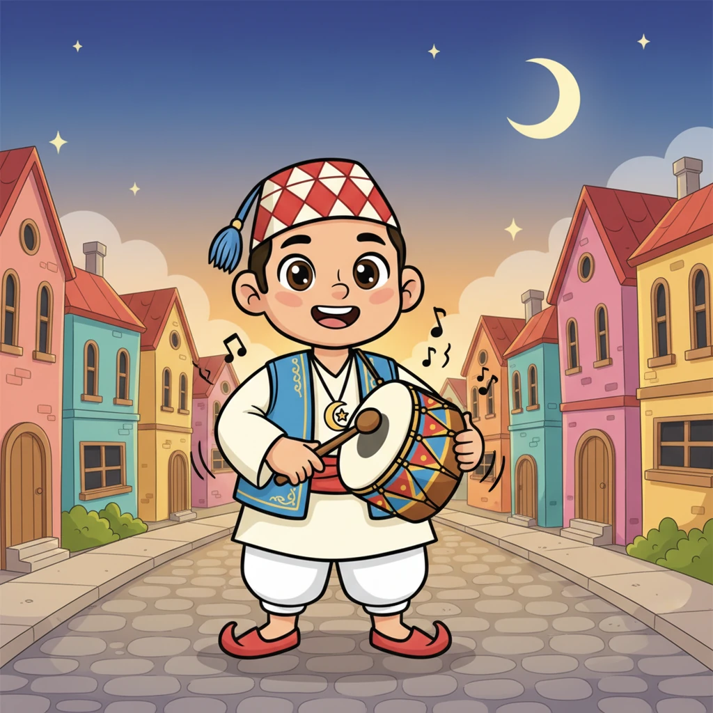 يبدأ عمو كريم بالضرب على طبله بحماس، ويغني بصوته الدافئ: 'اصح يا نايم، وحد الدايم!'. صوت الطبل يدوي بلطف ويملأ الشارع بفرح. إنه نداء جميل يوقظ الناس.