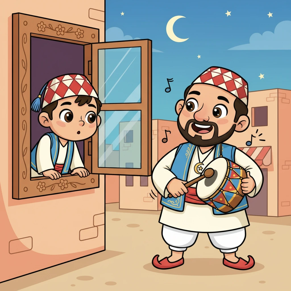 يفتح أحمد الصغير، وهو طفل لطيف، نافذته بحذر. يسمع صوت الطبل الجميل ويرى عمو كريم يبتسم. أحمد فضولي ويريد أن يعرف لماذا يطبل عمو كريم.