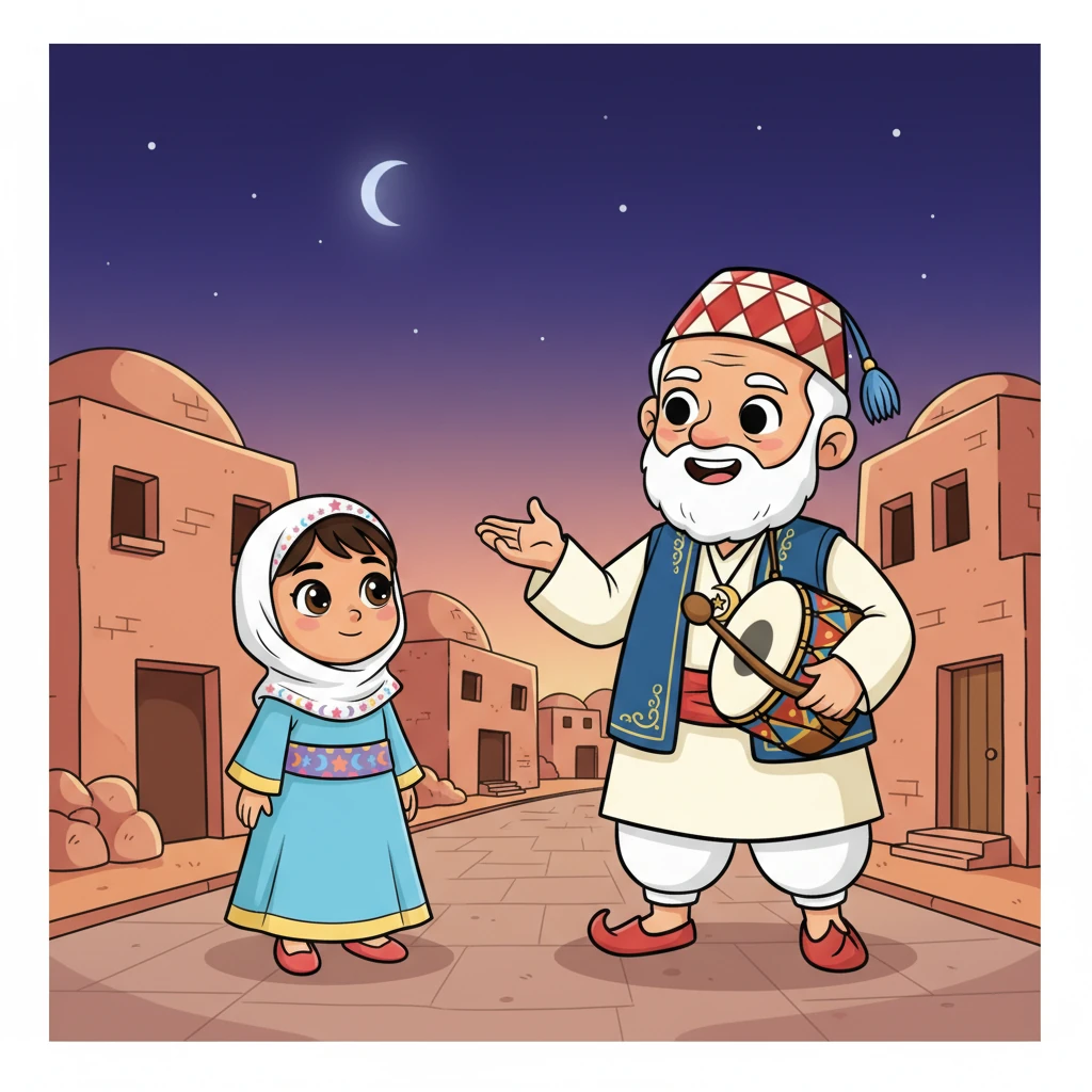 يشرح عمو كريم لأحمد بكلمات بسيطة: 'أنا أوقظ الناس ليأكلوا السحور. السحور هو وجبة مهمة نأكلها قبل أن تشرق الشمس، لتعطينا طاقة للصيام'.