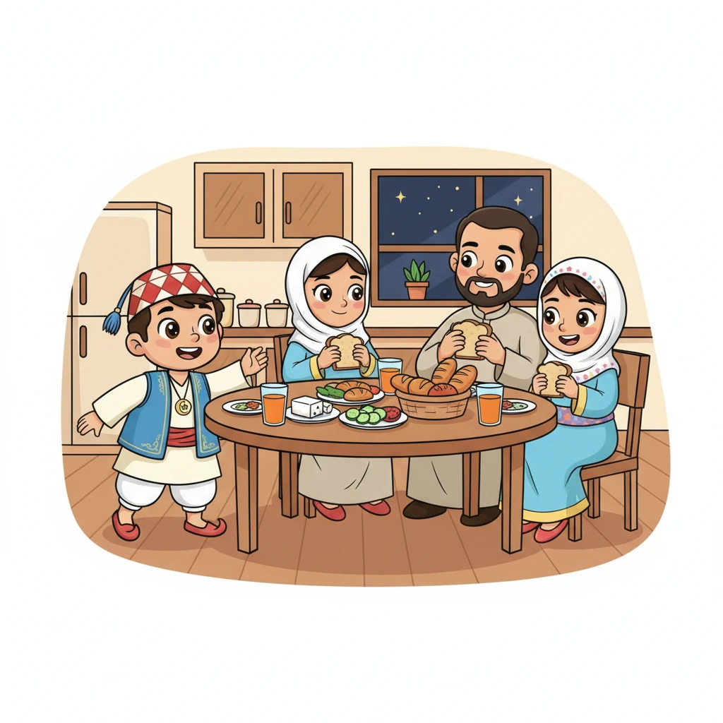 يدخل أحمد إلى المطبخ ويرى عائلته مجتمعة حول طاولة السحور. توجد أطباق شهية من الجبن والخيار والخبز والعصير الطازج. الكل يأكل بسعادة.