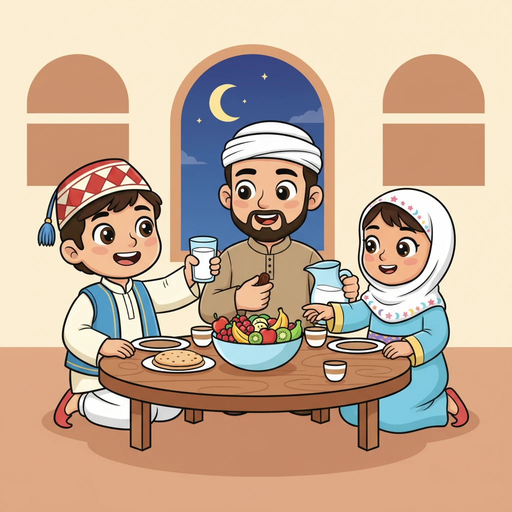 يأكل أحمد السحور مع عائلته ويشعر بالقوة والسعادة. يشرب الحليب اللذيذ ويأكل الفاكهة الملونة. إنه يعرف الآن أن السحور يجعله مستعدًا ليوم جديد مليء بالنشاط.