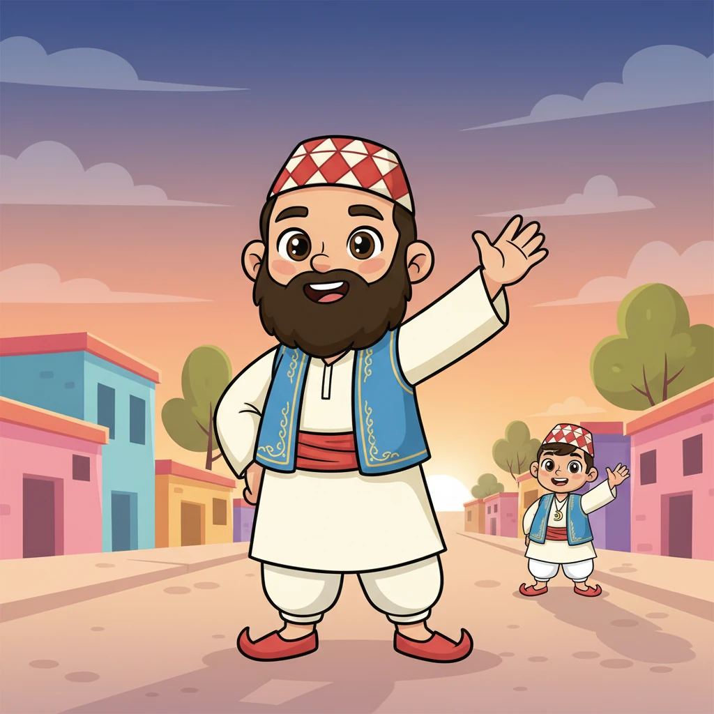 مع بدء ظهور خيوط الفجر الأولى في السماء، يلوح عمو كريم لأحمد مودعًا. وجهه يشع بالرضا والسعادة لأنه ساعد الجميع. الشمس على وشك الشروق.