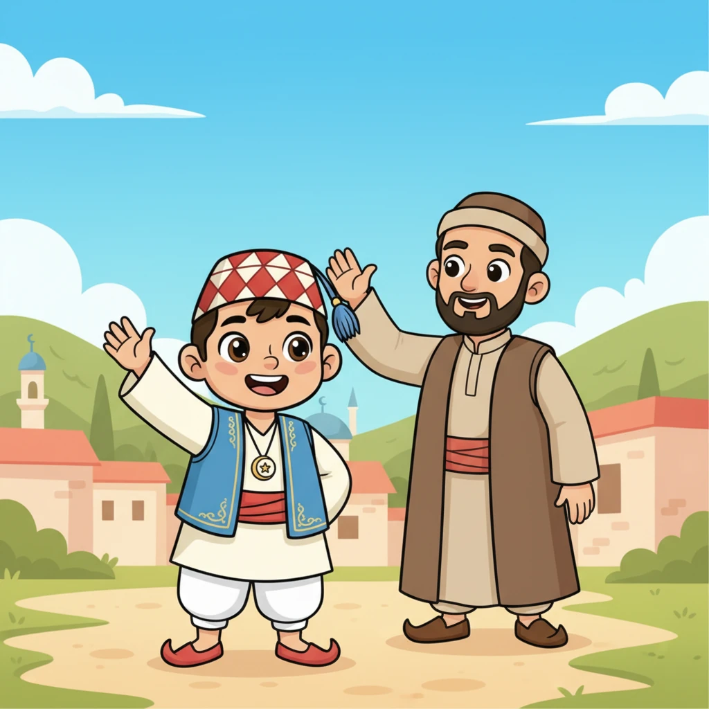 يلوح أحمد لعمو كريم بابتسامة عريضة. الآن يفهم أحمد سر السحور ويشعر بالامتنان لعمو كريم. إنه مستعد ليوم جديد ومليء بالنشاط والفرح.