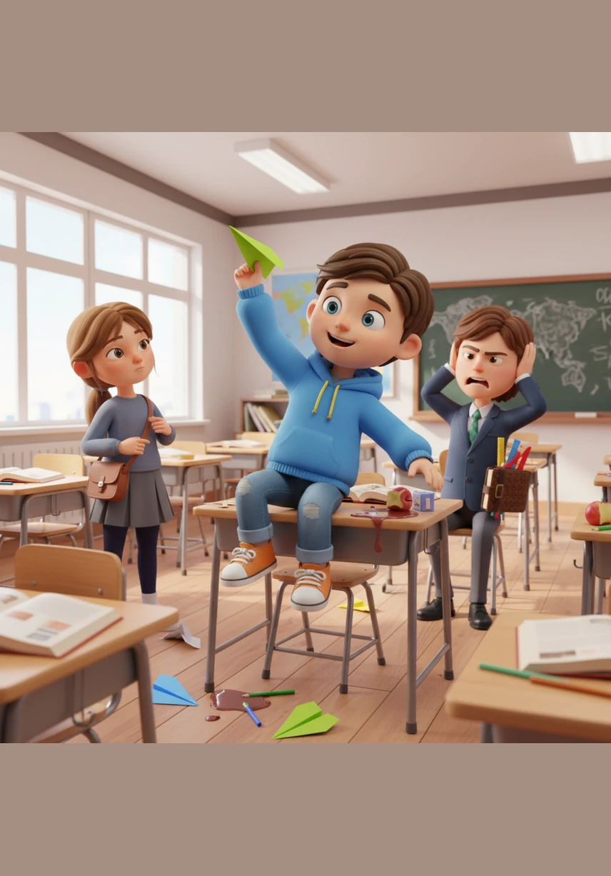 Ari, Bruno, and Luna gather around a wooden desk in their classroom to plan their booth for the upcoming school fair. While Ari opens a perfectly organized notebook and Luna looks at the project poster shyly, Bruno taps his feet rapidly, his mind already racing with excitement.