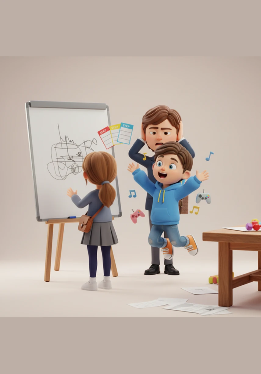 Ari proposes a strict three-step plan using his color-coded notes, but Bruno constantly interrupts with loud, energetic ideas for music and games. Luna stares at the instructions on the board, feeling as though the letters are dancing and shifting, making it difficult for her to follow along.