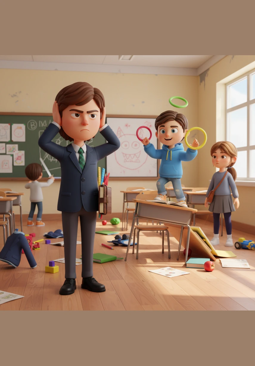 The next day, tension grows as Ari tries to use a ruler and strict rules to keep the group on track, while Bruno jumps from one creative thought to another without finishing his drawings. Ari feels frustrated because the sense of order is slipping away, and the classroom feels increasingly chaotic.