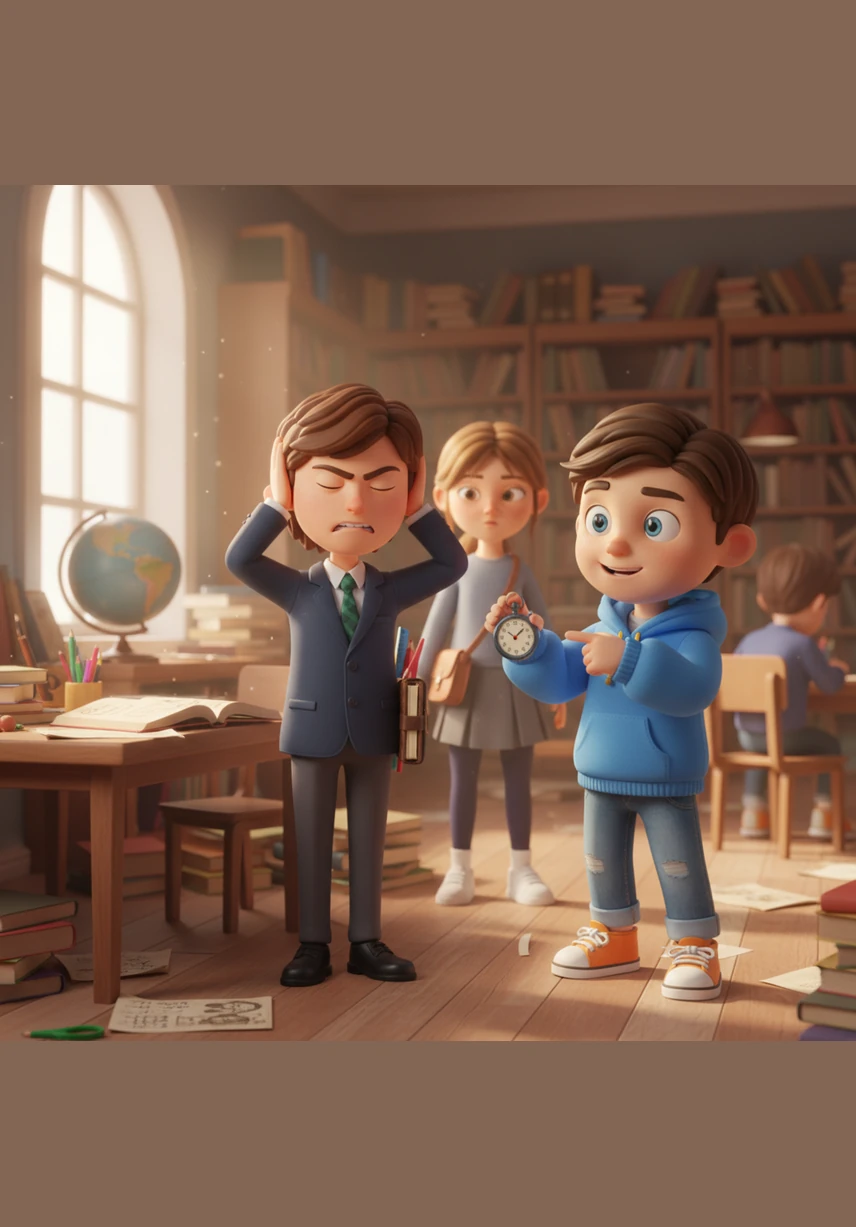 Suddenly, a heavy chair falls with a loud metallic crash that echoes sharply through the room. Ari immediately covers his ears tightly and closes his eyes, his breathing changing as the sudden noise feels overwhelming and painful to his senses.