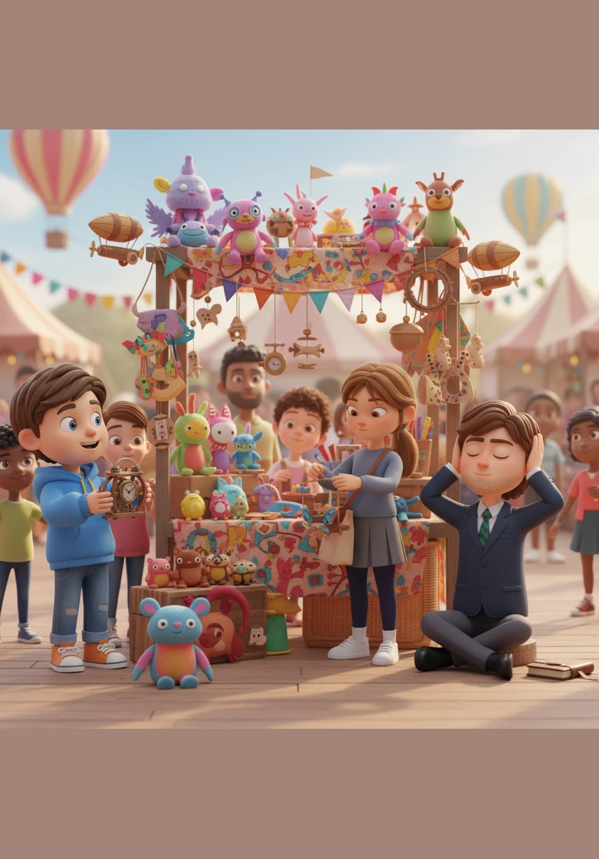 On the day of the fair, their booth is a massive success, standing out for its perfect balance of organization and overflowing imagination. Ari takes small breaks in a quiet corner when the noise gets too loud, returning with a smile to keep sharing their hard work.