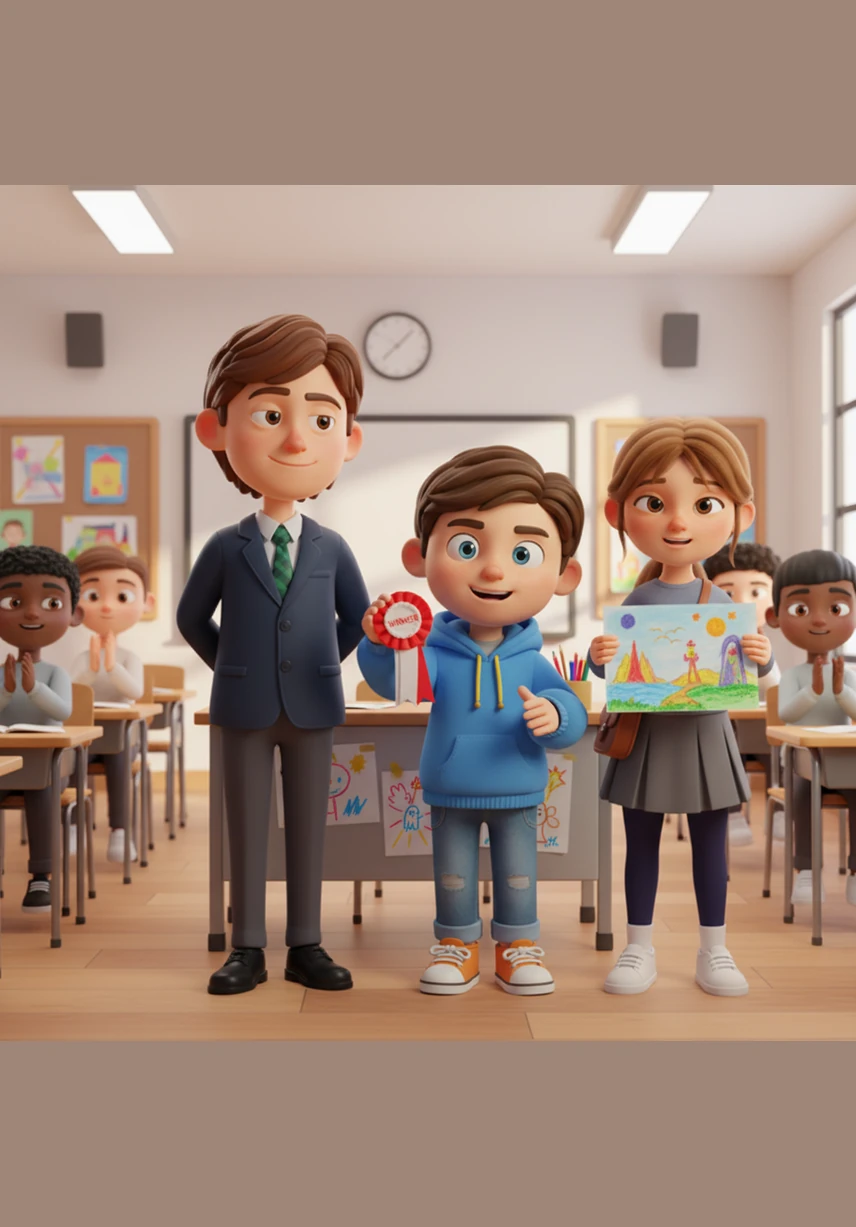 The teacher praises the team for their incredible coordination and for creating such an inclusive and thoughtful project. The three friends smile at each other, knowing that thinking differently wasn't a problem to solve, but exactly what they needed to be extraordinary.