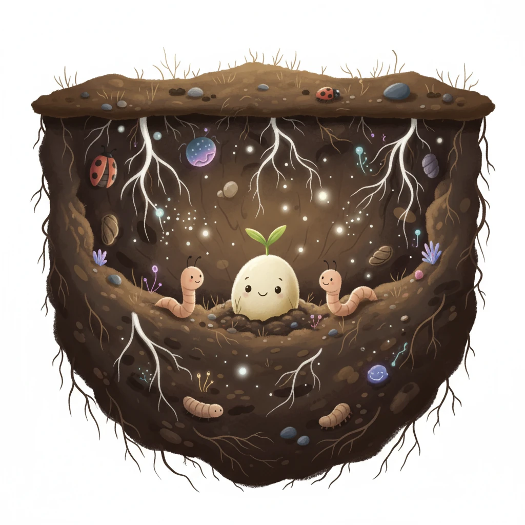 Chicco era un piccolo seme di riso, nascosto nel terreno scuro e umido. Si sentiva un po' solo, ma pieno di speranza per il futuro.  Intorno a lui, la terra brulicava di vita segreta.