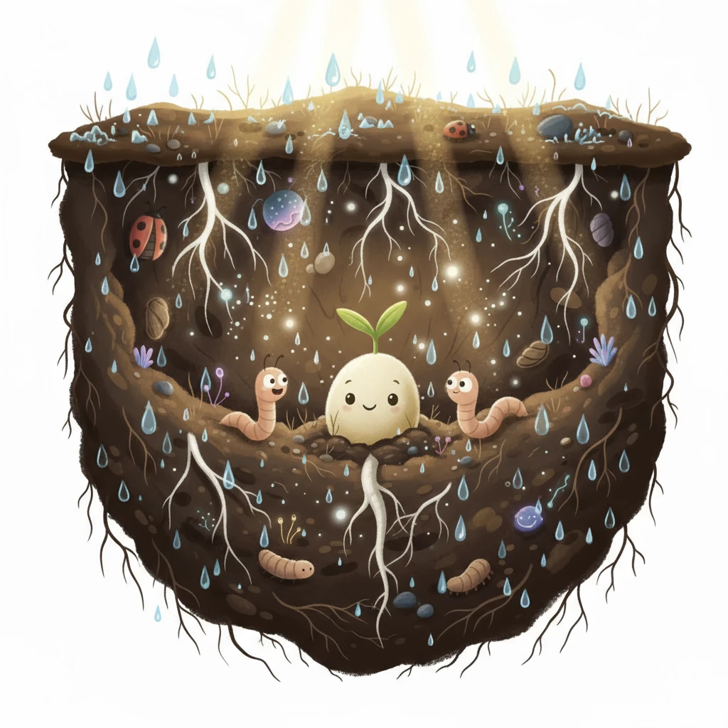 Il sole caldo e la pioggia gentile iniziarono a baciare la terra. Chicco sentì una strana magia: stava germogliando! Una piccola radice spuntò verso il basso e un tenero germoglio verso l'alto.