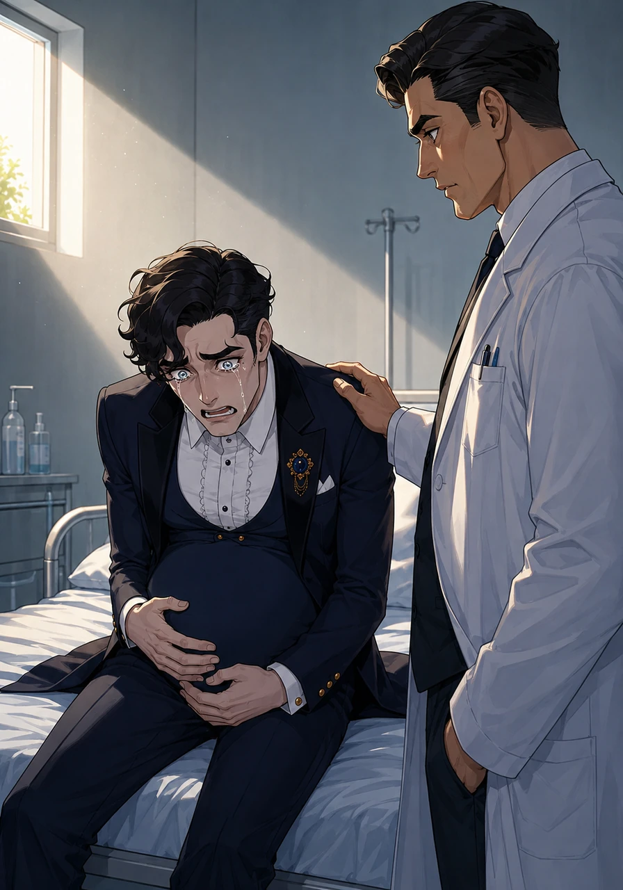 A month later, Goch collapses from sudden exhaustion in a bustling hospital hallway and awakens to a shocking revelation from a doctor. He possesses a rare secondary biology and is carrying Khano's child, a truth that leaves him completely overwhelmed and weeping in the sterile room.