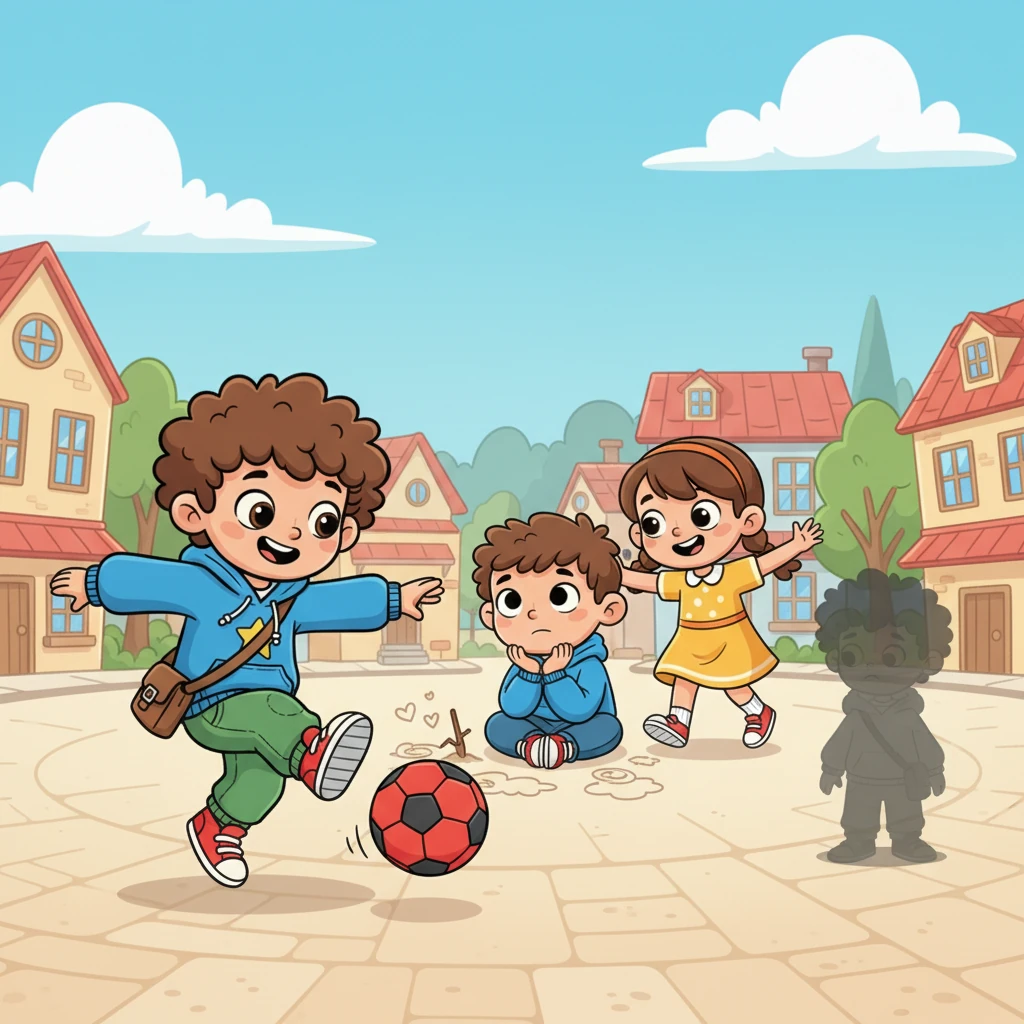In a small, cheerful town, Lucas seemed like any other boy, kicking a bright red soccer ball with friends under a sunny sky. But a tiny, quiet shadow often followed him, a secret sadness he kept tucked away deep inside his heart. He would sometimes pause, drawing pictures in the dirt with a stick, his playful smile hiding a thoughtful gaze.