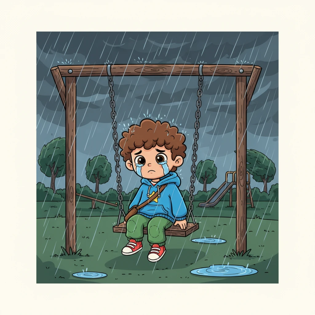 One stormy afternoon, Lucas sat on a swing in a small park, letting the pouring rain wash over him, mixing with his silent tears. The wind howled around him, mirroring the storm in his heart, making him feel more utterly alone and isolated than ever before. It was a moment of profound realization about his accumulated sorrow.