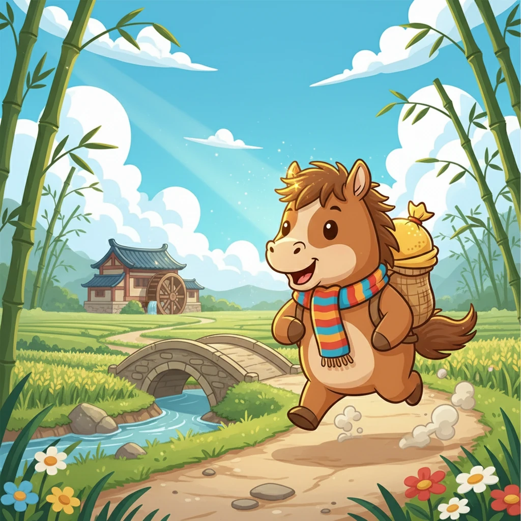 小马嘟嘟驮着一袋金黄的麦子，嗒嗒嗒地跑在通往磨坊的路上。阳光洒在他的棕色鬃毛上，映衬得金灿灿的，他看起来充满了活力。