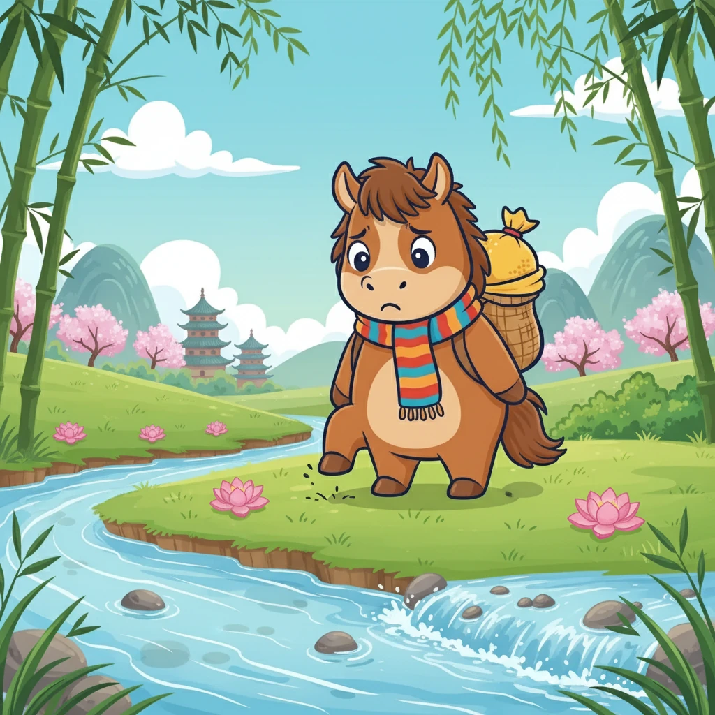 一条清澈的小河突然横在嘟嘟的面前，河水哗啦啦地唱着歌。嘟嘟停下脚步，疑惑地跺了跺蹄子，不知道这条河有多深。
