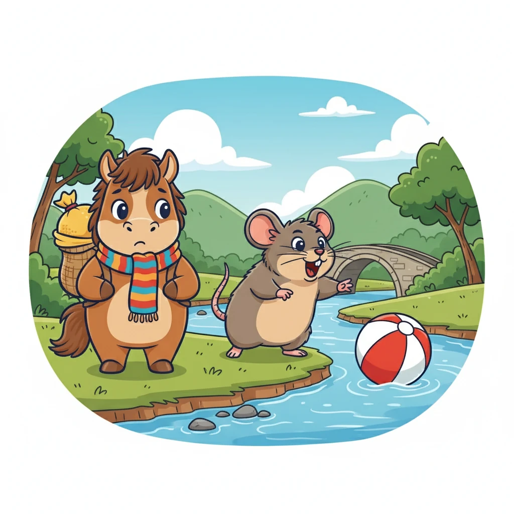 岸边，一只胖胖的田鼠却大声喊着：“一点都不深！我的皮球都能漂过去！” 嘟嘟站在原地，左右为难，不知道该听谁的。