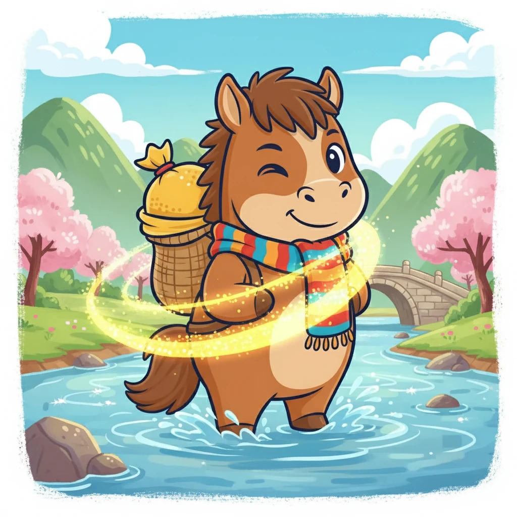 嘟嘟驮着麦子，嗒嗒嗒地过了河。阳光洒在河面上，闪耀着金色的光芒，仿佛给他披上了一件勇敢的披风。他回头对着读者眨眨眼：“你的河流，要自己蹚过去才知道呀！”