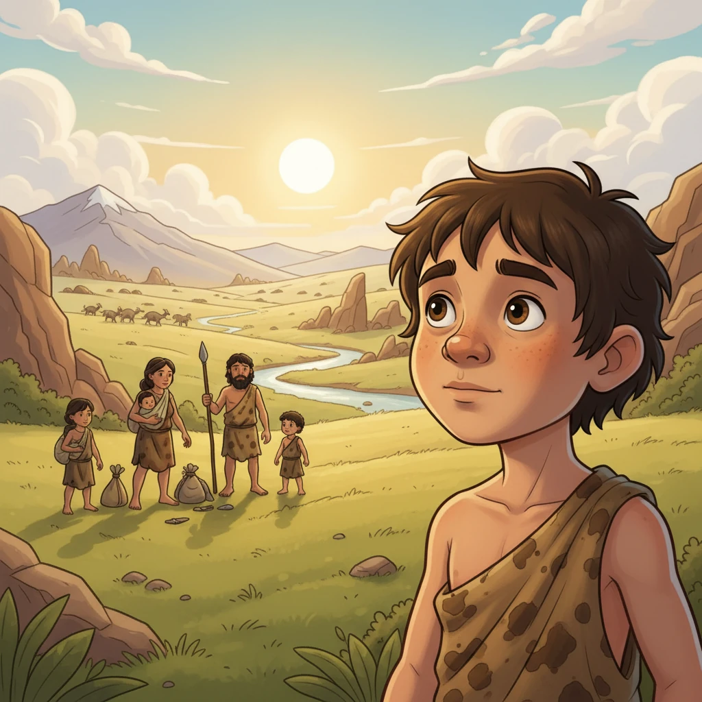 Urd, ein junger Homo erectus, blickt auf die weite, grasbewachsene Steppe. Seine Familie, eine kleine Gruppe von Nomaden, bricht auf, um nach neuen Jagdgründen zu suchen.  Die Sonne scheint warm auf sein Gesicht, während er die Umgebung aufmerksam beobachtet.