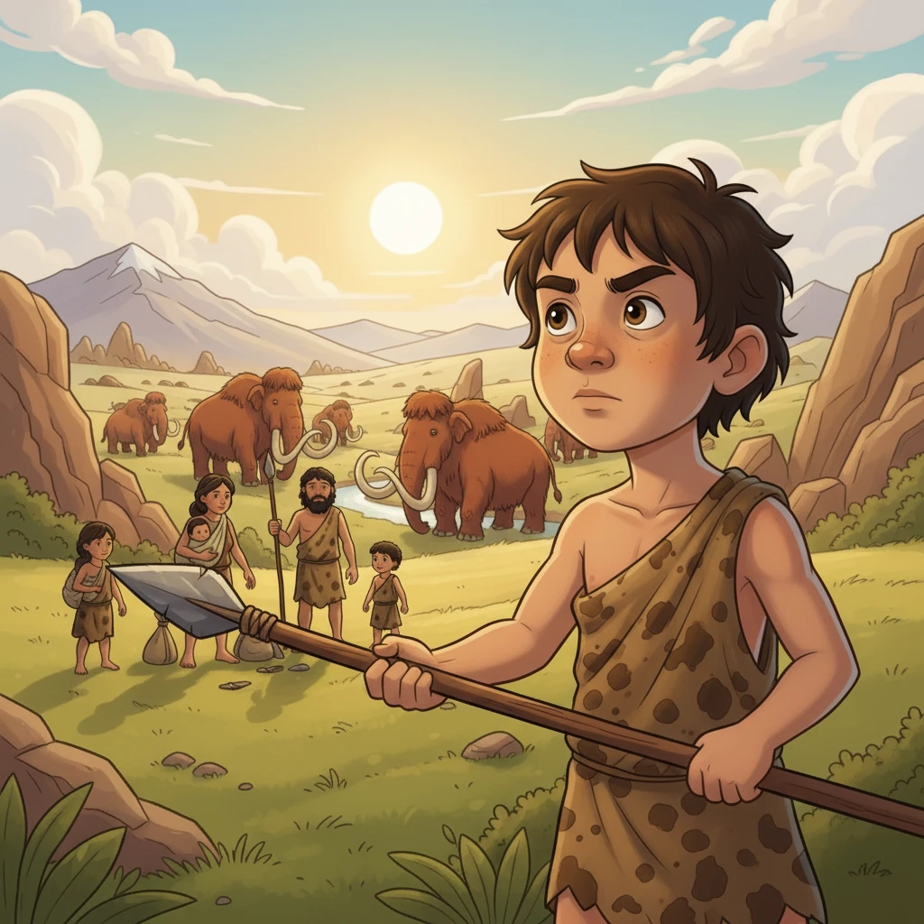 Urd und seine Familie entdecken eine Herde wolliger Mammuts.  Mit spitzen Speeren aus Stein und Holz bereiten sie sich auf die Jagd vor.  Angespannt, aber entschlossen, nähern sie sich den riesigen Tieren.