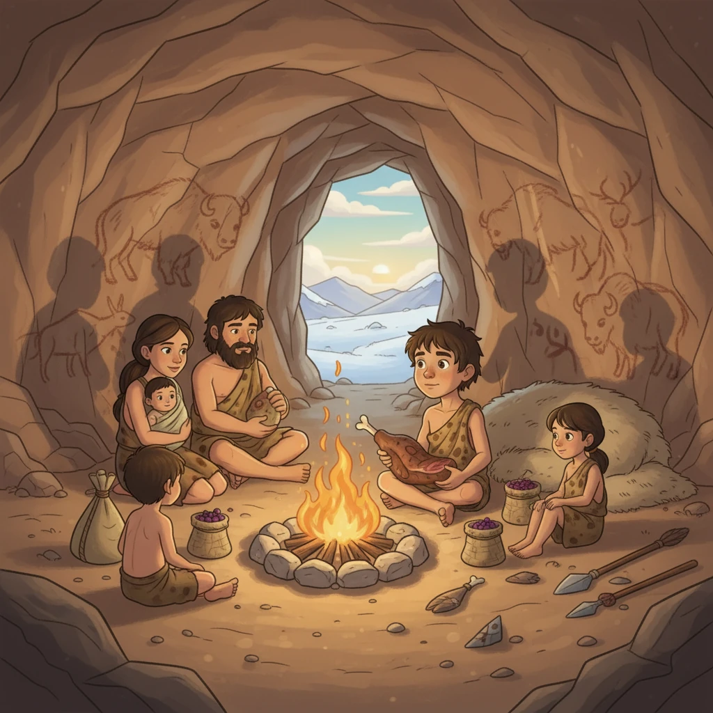 Das Feuer lodert in der Höhle.  Urd und seine Gruppe teilen sich die Beute, während sie sich vor der Kälte schützt.  Die Flammen tanzen und werfen Schatten an die Wände, wo grobe Zeichnungen von Tieren zu sehen sind.