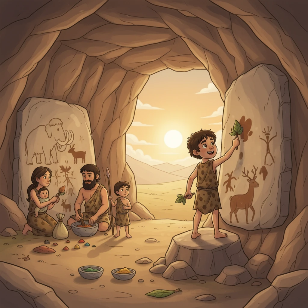 Gemeinsam mit seiner Familie entdeckt Urd eine neue Höhle, die perfekt zum Schutz vor dem Wetter geeignet ist.  Sie beginnen, die Wände mit Farben aus Pflanzen und Erde zu bemalen.  Die Kunst der Höhlenmalerei beginnt.