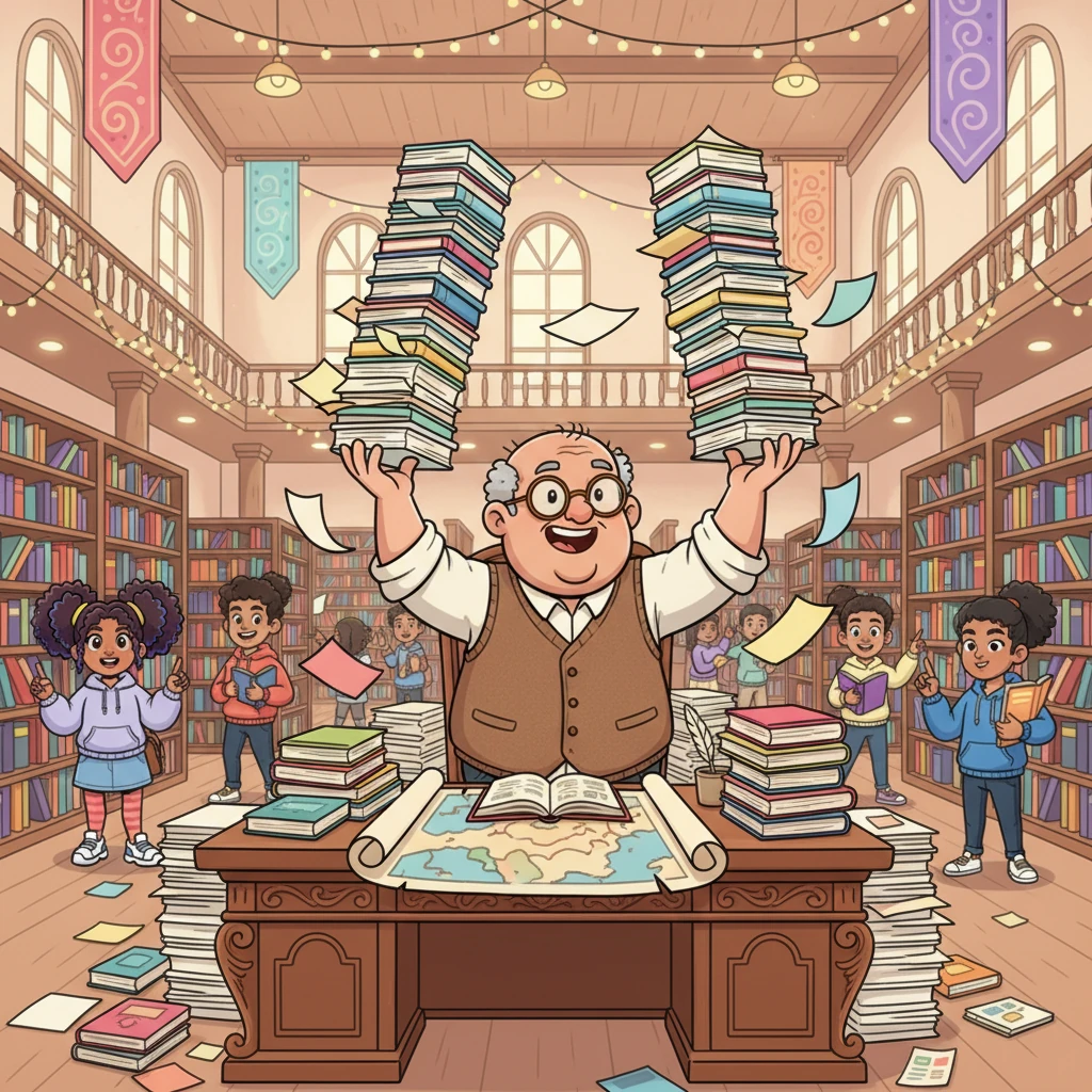 The Whimsical Wonders Book Fair was the busiest place in town, filled with colorful books and excited readers! But behind the scenes, Mr. Page Turner, the organizer, was juggling stacks of paper, trying to assign stalls to eager publishers and vendors. It was a delightful mess!