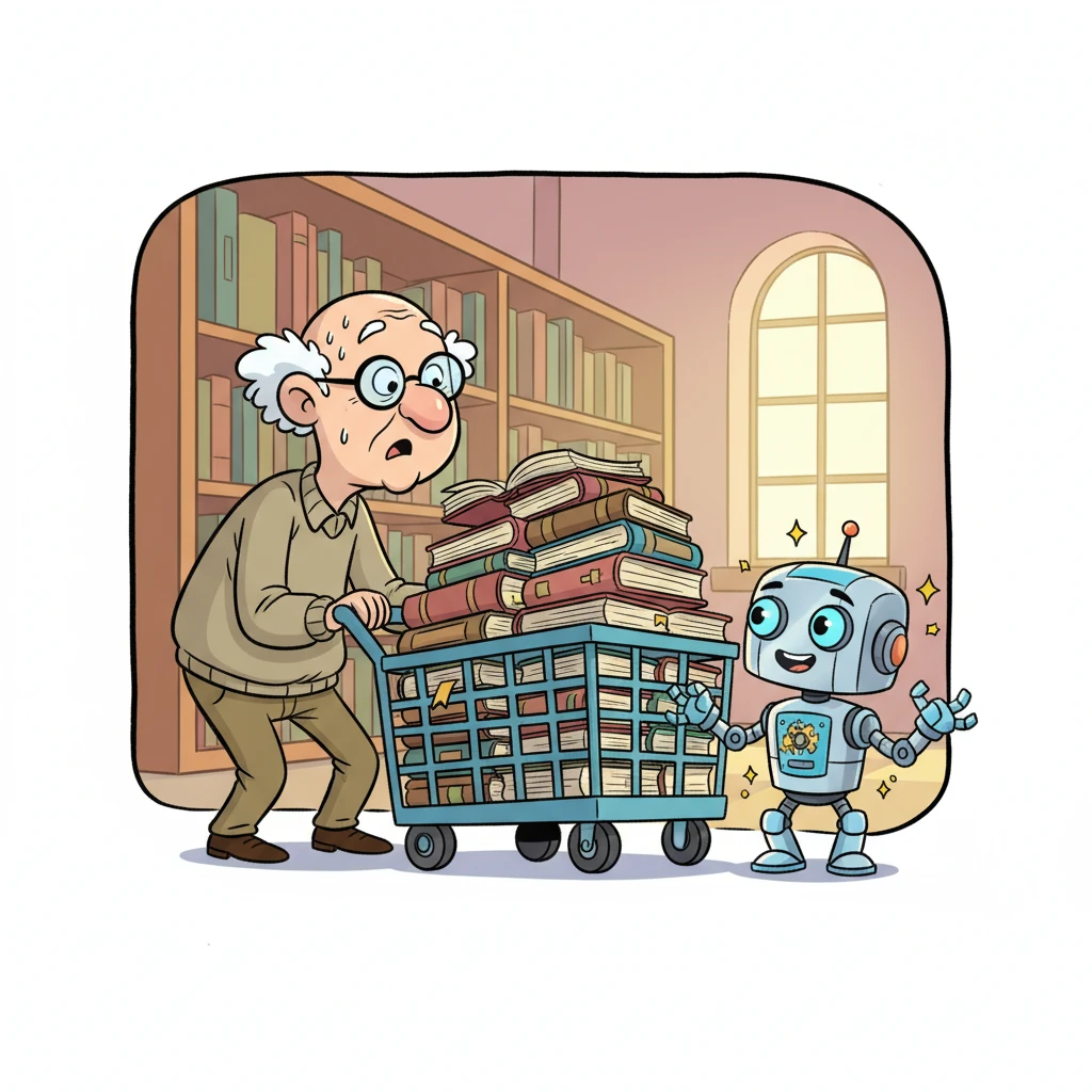 Suddenly, a small, shiny robot named Pixel whirred onto the scene. With big, curious eyes and a friendly smile, Pixel saw Mr. Page Turner's struggle and sparks of an idea began to fly from its circuits. "BEEP BOOP! I can help!" chirped Pixel.