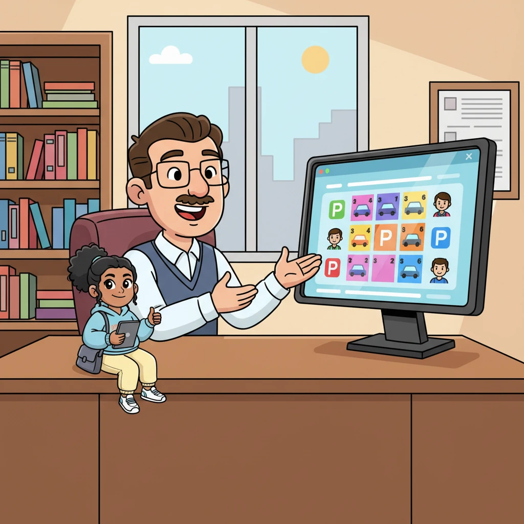 Meanwhile, in his office, Mr. Page Turner beamed at his own special screen. The employee portal showed him all the reserved stalls and who booked them, making organization a breeze. Everything was perfectly in place, thanks to Pixel's system!