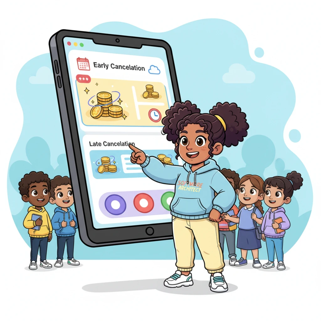 Pixel even thought of everything, including a fair refund policy! A playful screen showed how early cancellations meant more sparkly coins back, teaching everyone about planning ahead with a smile. It was all about fairness and fun!