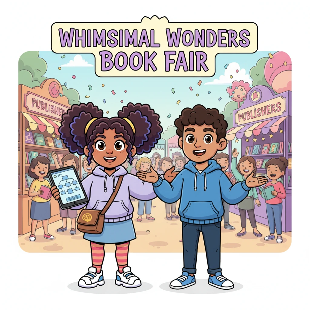Finally, the Grand Opening Day arrived! The Whimsical Wonders Book Fair was a huge success, with happy publishers, joyful readers, and perfectly organized stalls. Pixel, Chip, and Hoot celebrated their amazing work, glowing with pride as the fair buzzed with life!
