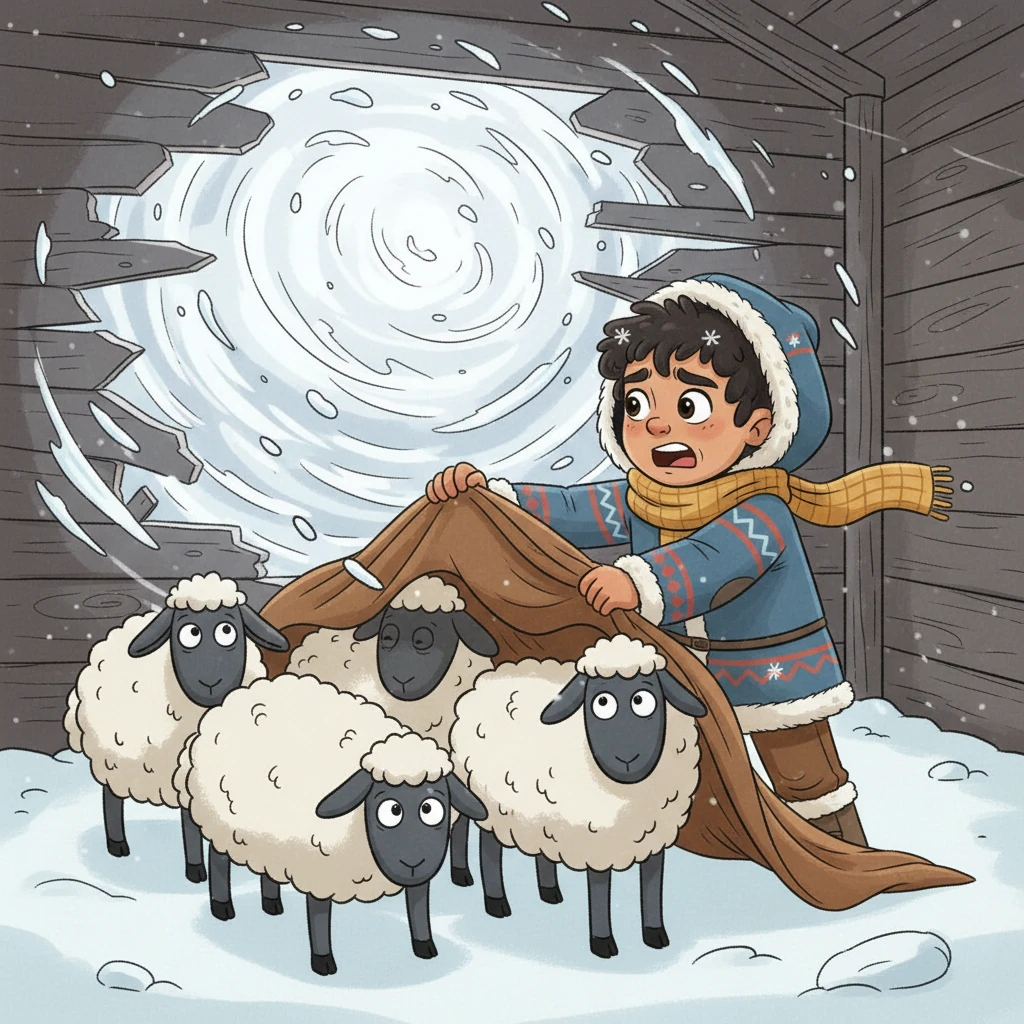 The boran, a fierce blizzard, struck with full force, a whirlwind of heavy, swirling snow blasting across the Qystau. Inside Duman's wooden shelter, his sheep huddled, terrified, as the structure groaned under the assault. With a deafening crack, the ferocious wind tore a large section of the wall away, sending snow blasting inside and several panicked sheep fleeing into the blinding white chaos.