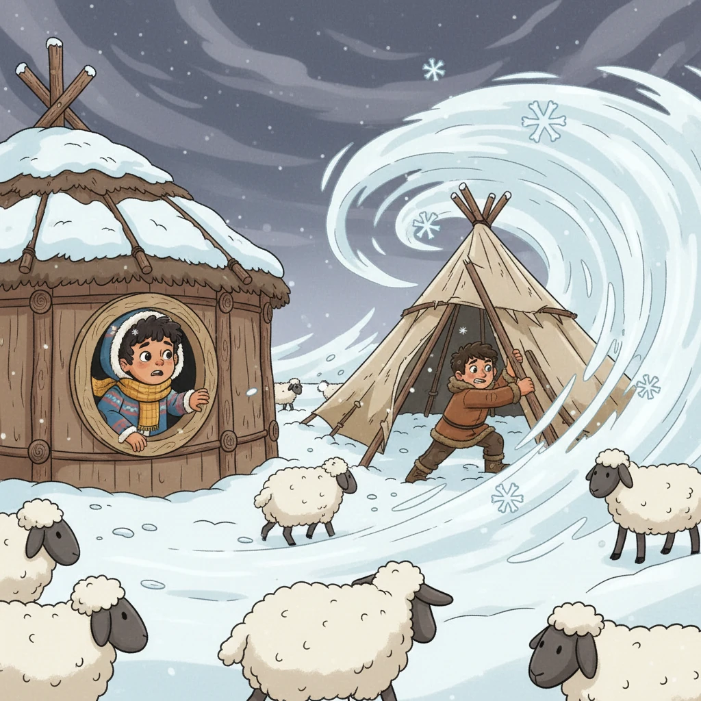 From the warmth of his own sturdy shelter, Erbol watched Duman's desperate struggle through a small opening. He saw the collapsing shelter and the sheep disappearing into the whiteout, a stark image of danger. A wave of conflict washed over Erbol's face, but as the severity of the crisis became clear, his long-held rivalry softened into genuine concern and a firm resolve to help.