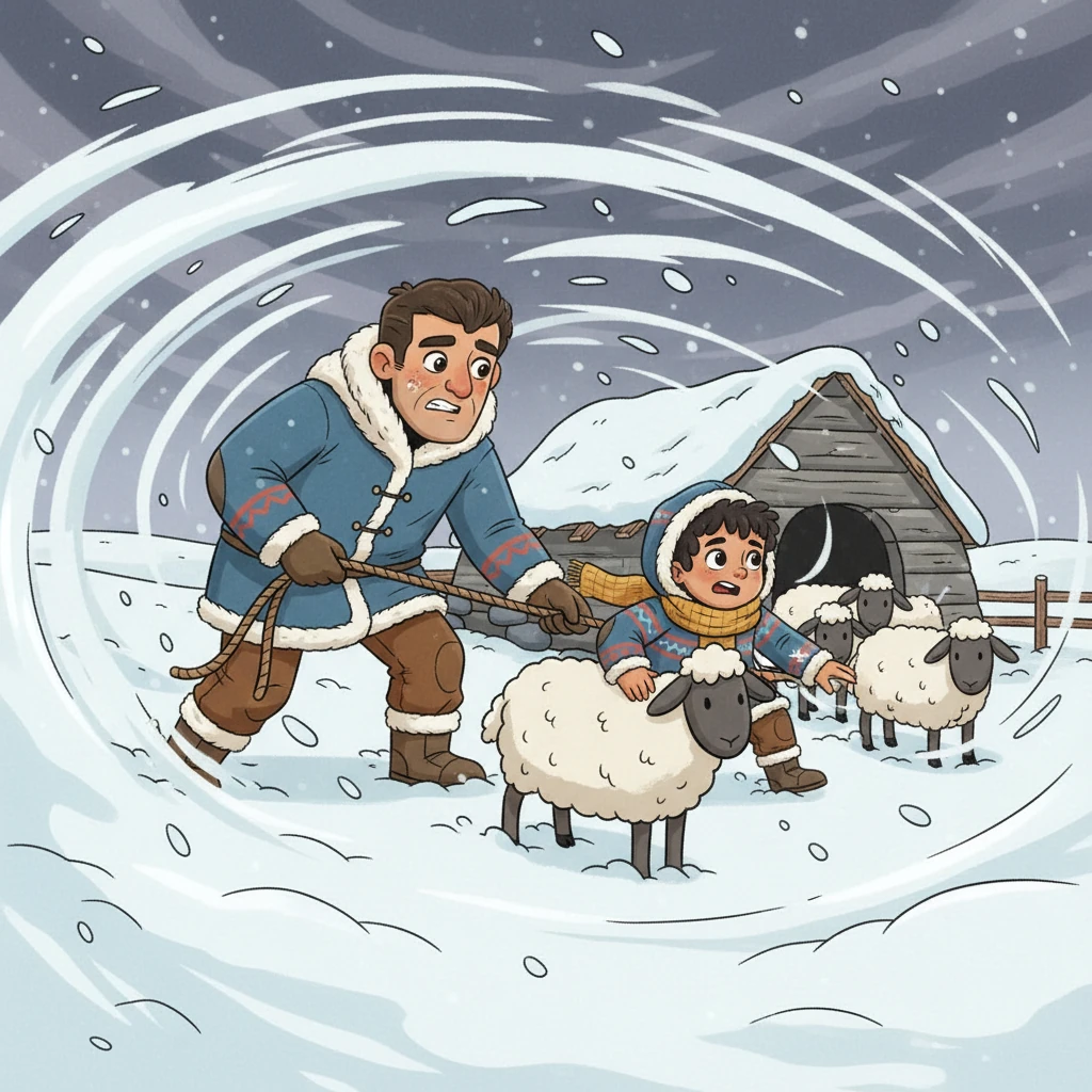 Without a moment's hesitation, Erbol and his brave young son burst out into the raging storm. They battled against the fierce winds and blinding snow, their faces stung by the cold and their clothes whipping around them. Using ropes to guide them, they carefully rounded up Duman's lost sheep, one by one, coaxing them back towards the relative safety of Erbol's strong camp.