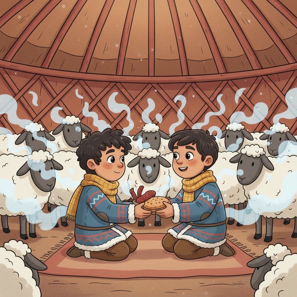 Inside Erbol's large, resilient shelter, the animals from both herds were now packed tightly and safely, their warm breaths filling the air. Both families huddled together, the tense fear replaced by profound relief and shared warmth. Duman, his eyes filled with gratitude, offered Erbol some dried meat and bread from his bag, a silent but heartfelt gesture of thanks for their lives.