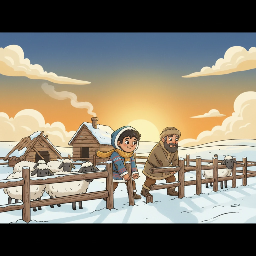 The next morning, the sun rose, casting a golden glow over the desolate, snow-covered landscape, Duman's collapsed shed a stark reminder of the night. Both families emerged from Erbol's sturdy shelter, tired but safe, blinking in the new light. Duman and Erbol stood by the low fence, a symbol of their past, and warmly shook hands, their faces reflecting mutual respect. Together, they began to dismantle the fence, ready to face the future side-by-side, sharing resources and repairing the damage, embodying the spirit: "Бірлік бар жерде — Тірлік бар."