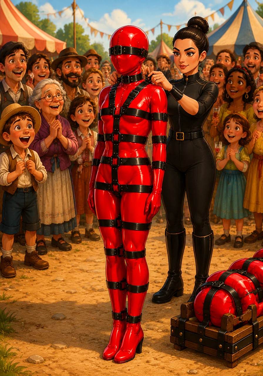At the edge of the bustling fairground, Clara prepares for her ultimate artistic expression, stepping out completely encased from head to toe in a sleek, gleaming red rubber catsuit. The striking, seamless suit shines brilliantly under the daylight, turning her into a living, breathing sculpture of bold contemporary design.