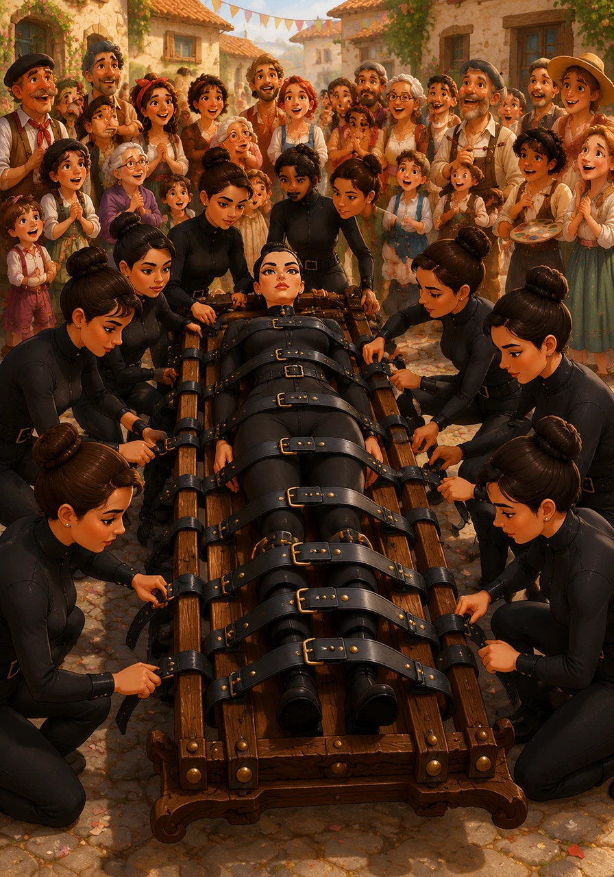 To ensure absolute safety and structural precision during the performance, Clara is carefully secured to a sturdy, custom-designed wooden ceremonial stretcher. A team of highly trained, synchronized female carriers meticulously fastens sixteen thick, polished black leather straps across her form, securing her gently but firmly for the grand procession.