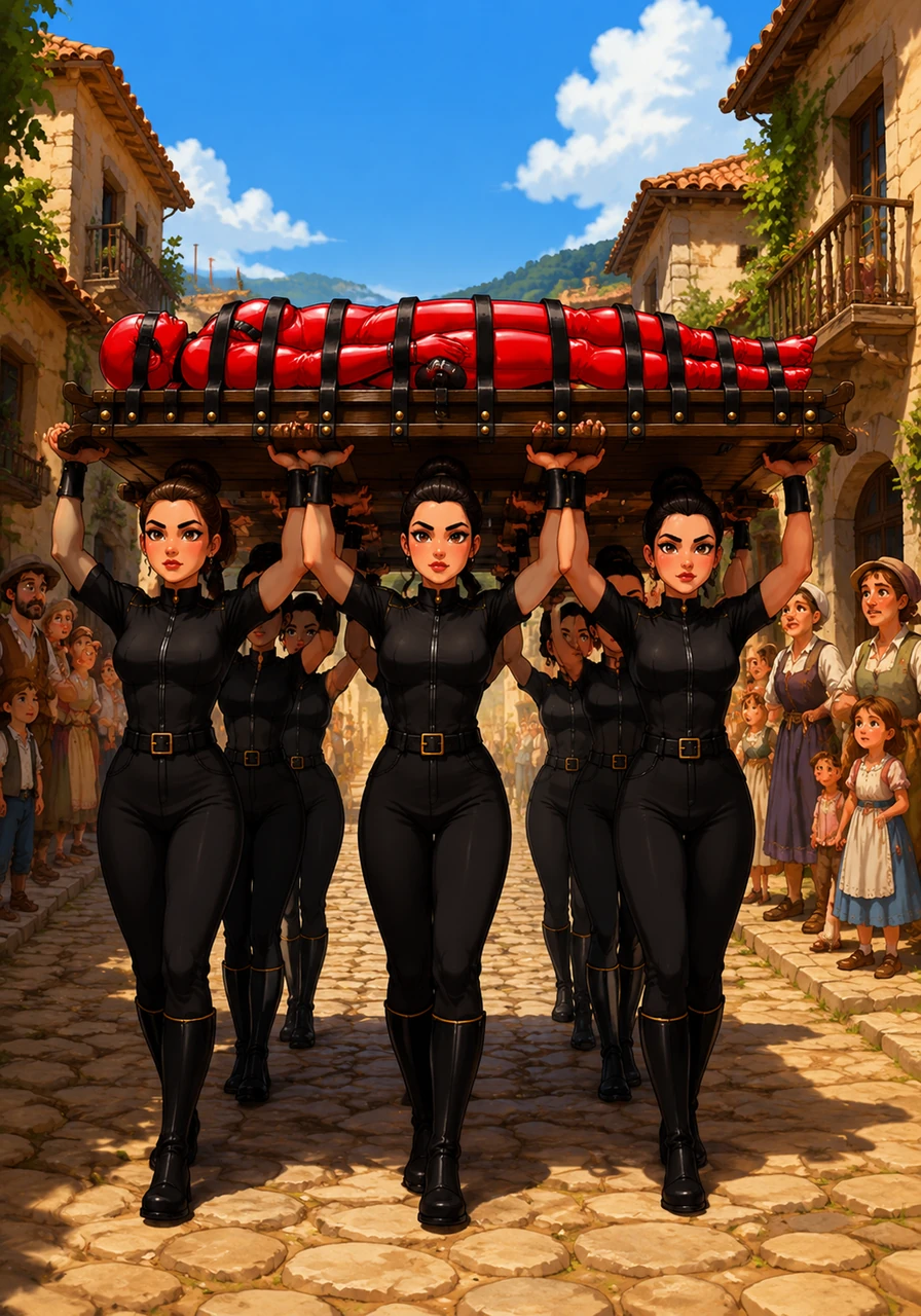 The official rubber carriers, an elite group of local women dressed in minimalist black uniforms, hoist the heavy stretcher onto their shoulders with perfect, synchronized grace. Clara lies completely still and poised, a striking monolith of crimson contrasting beautifully against the rustic elegance of her hometown.