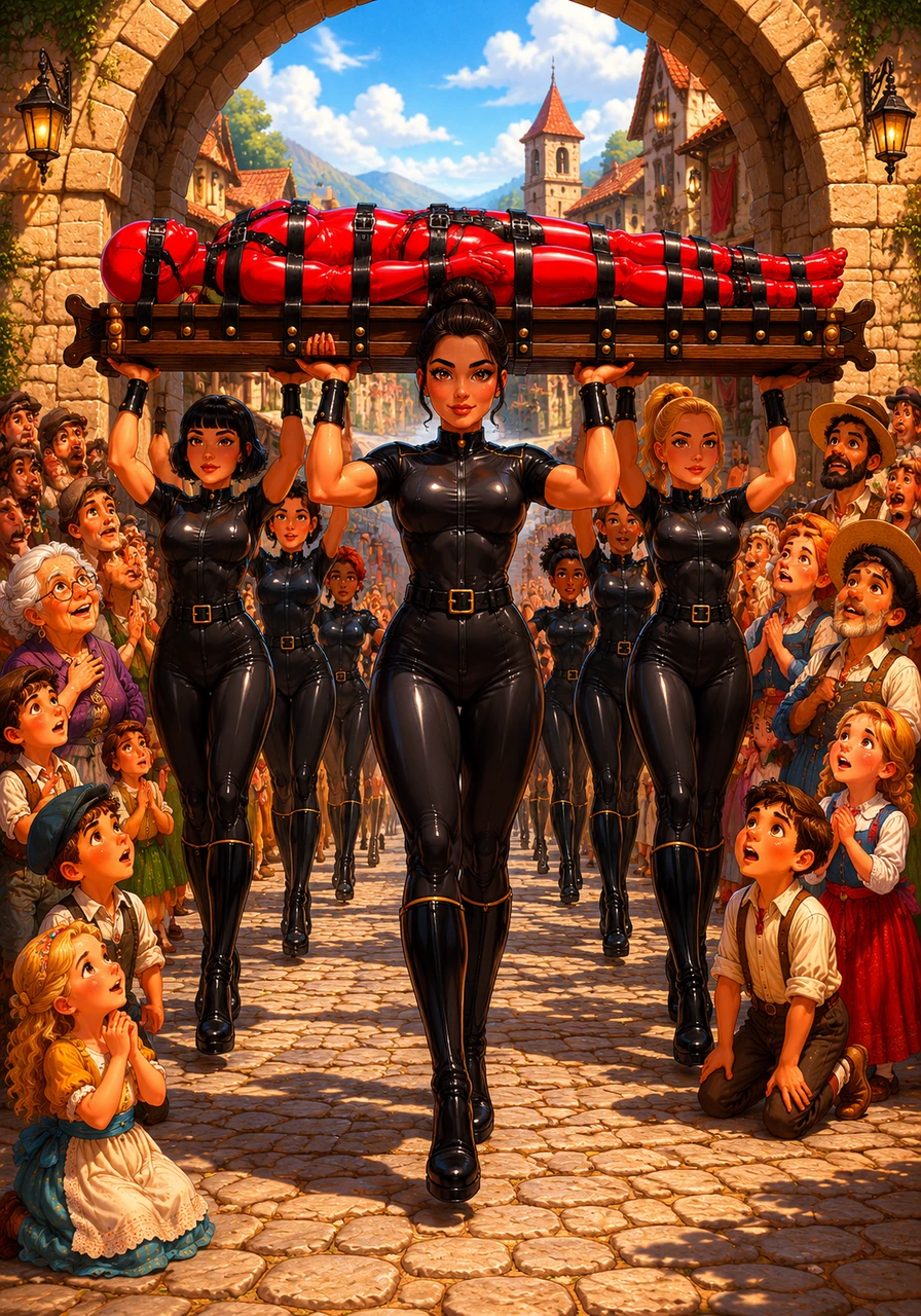 As the procession passes beneath the towering stone archway of the old village entrance, the massive crowd falls into a captivated silence. The rhythmic footsteps of the all-female carriers echo against the cobblestones, drawing every eye to the mesmerizing, glossy red figure elevated above the sea of people.