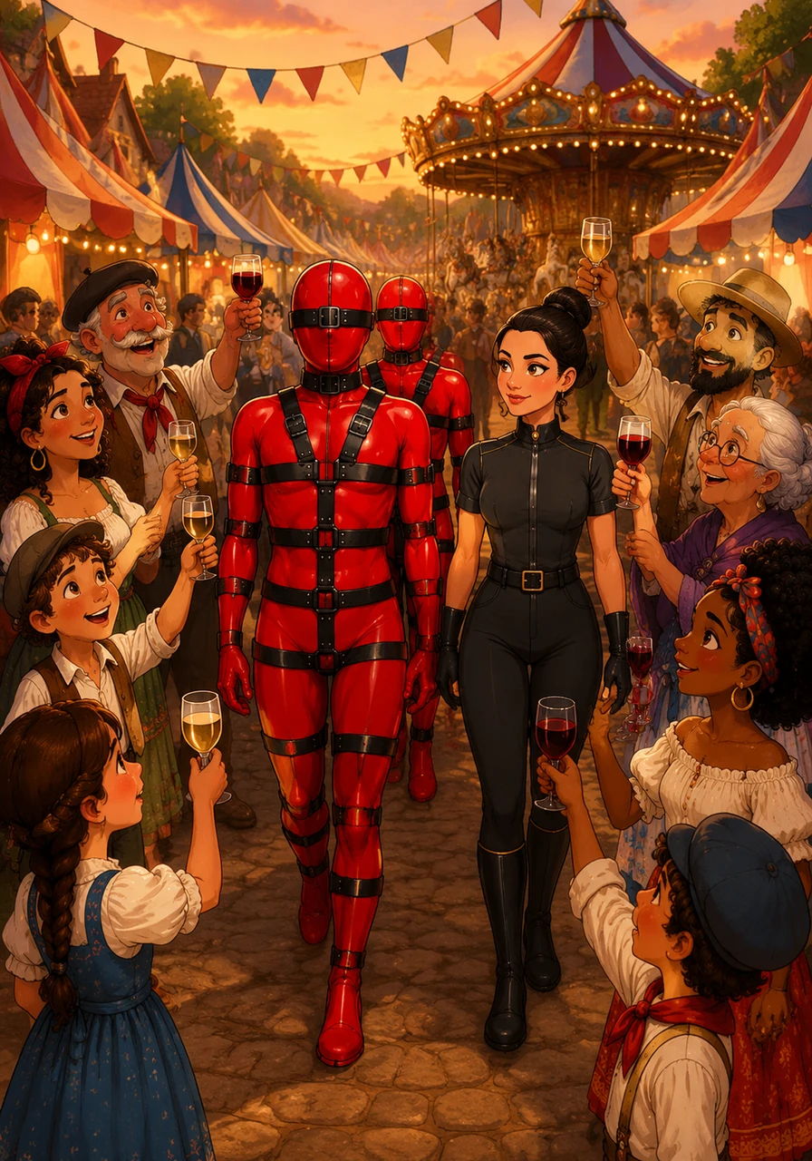 Slowly moving through the heart of the fairground, the carriers navigate past vibrant striped carnival tents and vintage wooden carousels. Intrigued villagers raise their glasses in a warm, collective toast, deeply appreciating the sheer discipline, avant-garde creativity, and unique spirit brought to their traditional festival.