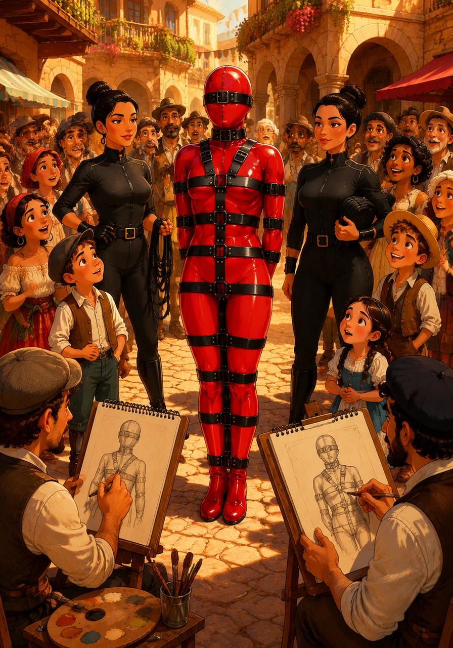 The parade halts momentarily in the central marketplace, where the afternoon sun hits Clara's crimson suit at a perfect angle, casting dazzling reflections onto the historic stone facades. Children watch in wide-eyed wonder, while local artists sketch the stunning geometry of the sixteen black straps binding the glossy red figure.