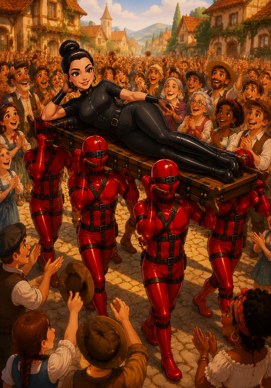 Carried with unwavering strength and poise, Clara feels a profound sense of trust and connection with her carriers as they seamlessly glide through the dense, cheering crowds. The performance transforms from a solitary artistic statement into a shared triumph of community, discipline, and mutual support.