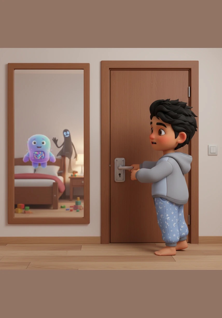 In one swift motion, he spun around to face the real door, only to find it firmly shut and locked just as he had left it. When he turned back to the mirror in confusion, the reflected room was completely empty, and his own reflection was nowhere to be seen.