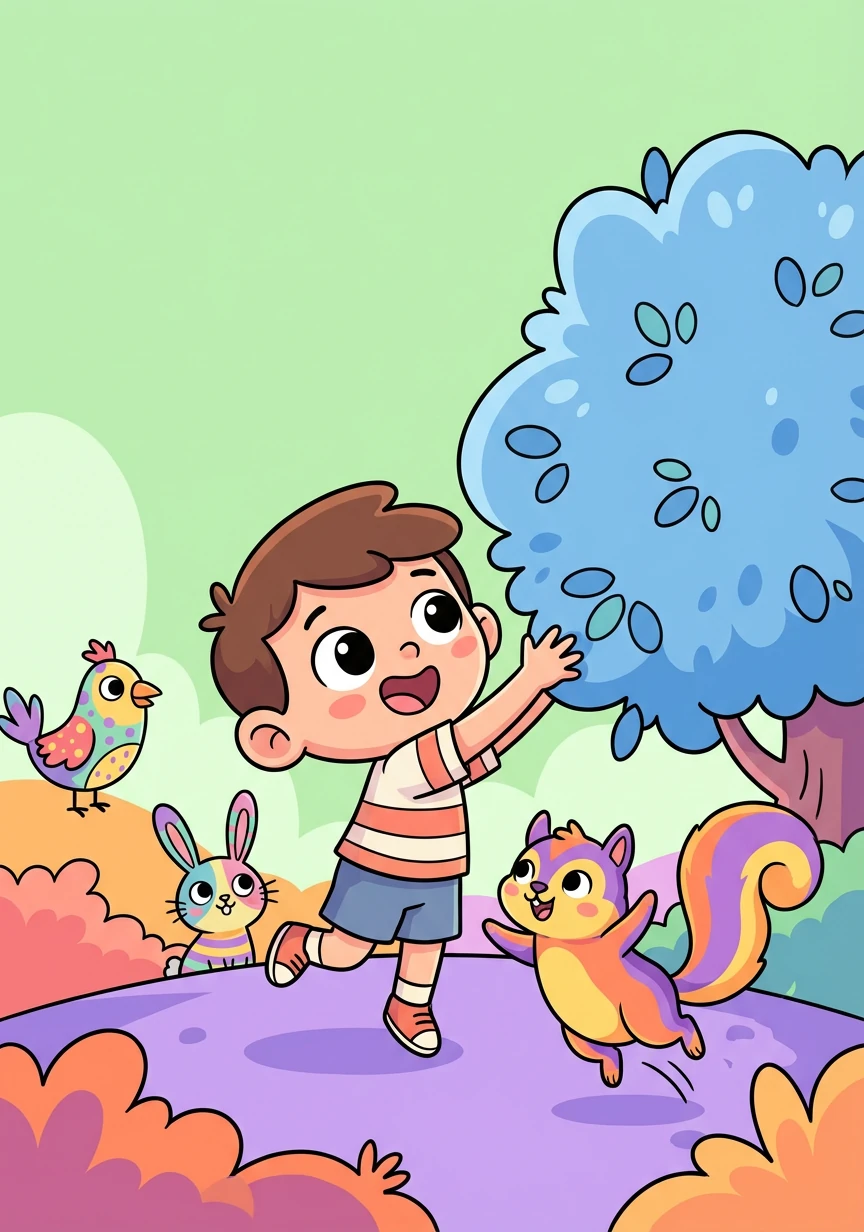 انتقل سالم إلى عالم الألوان، حيث كانت الأشجار زرقاء، والسماء خضراء، والحيوانات متعددة الألوان. كان كل شيء يبدو مختلفًا ورائعًا.