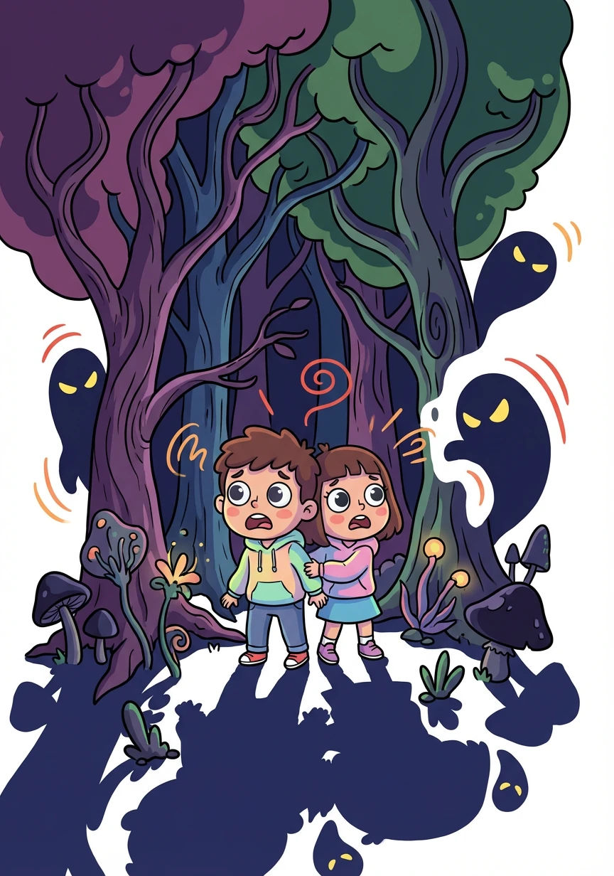 في أحد الأيام، ضاع سالم وزيزي في غابة الألوان الداكنة. كانت الغابة مليئة بالظلال والأصوات المخيفة.