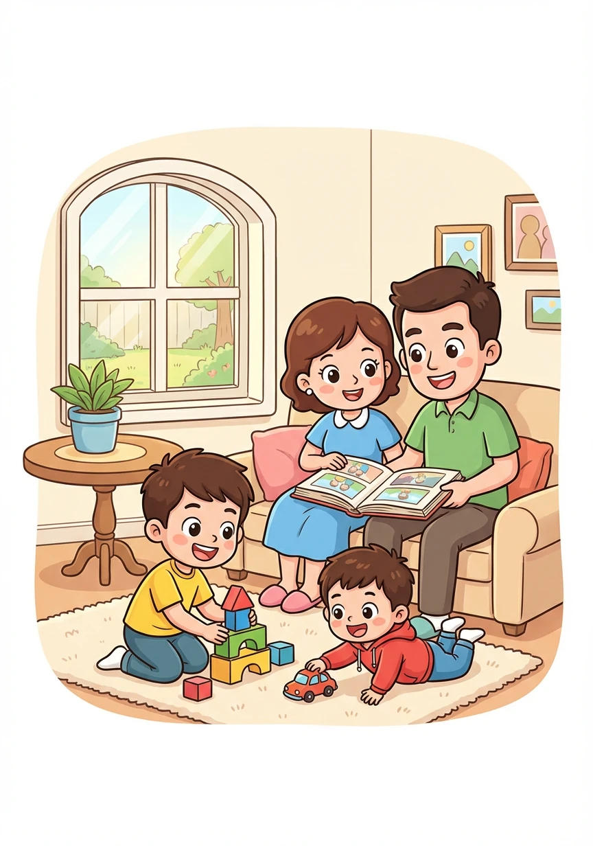 我家有四口人。他们是我的爸爸、妈妈和哥哥。我们住在一个温暖的房子里。