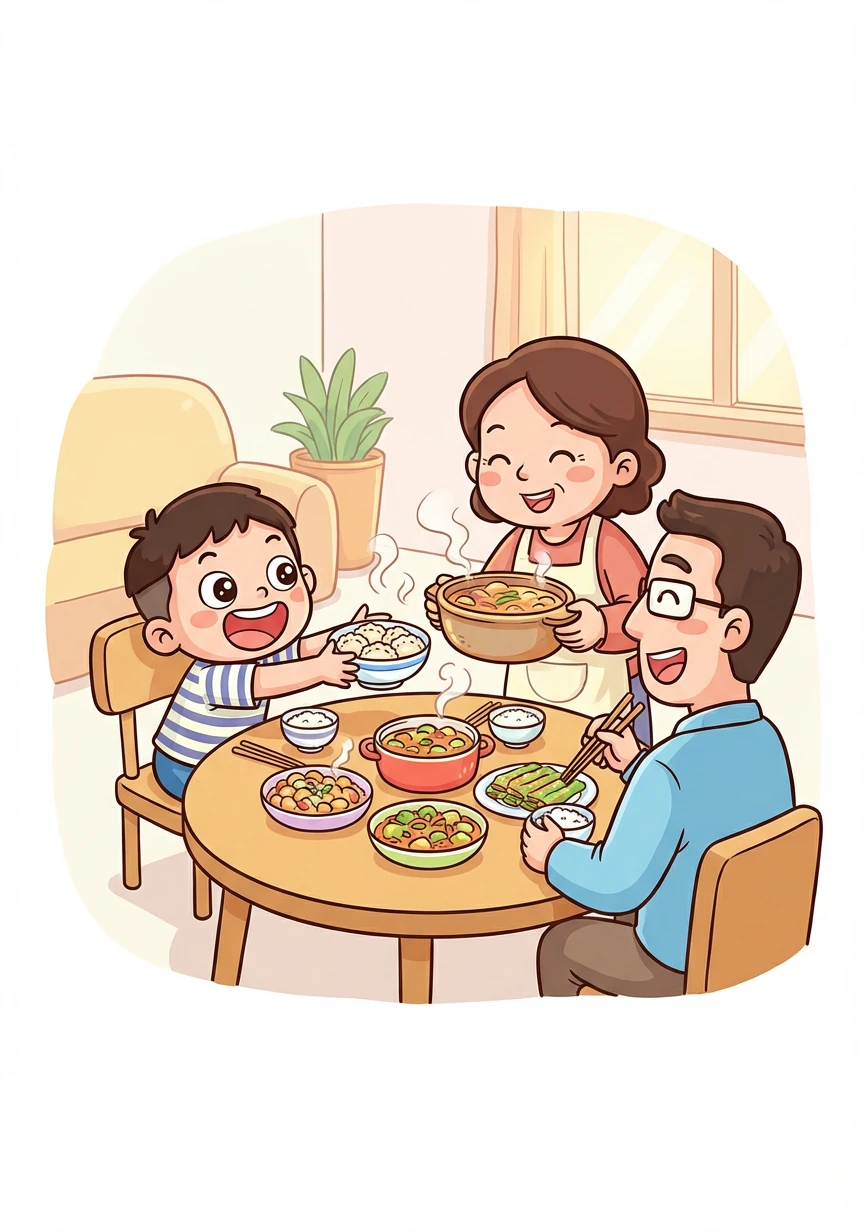 周末的时候，我们常常一起吃饭。妈妈做的饭菜可香了！